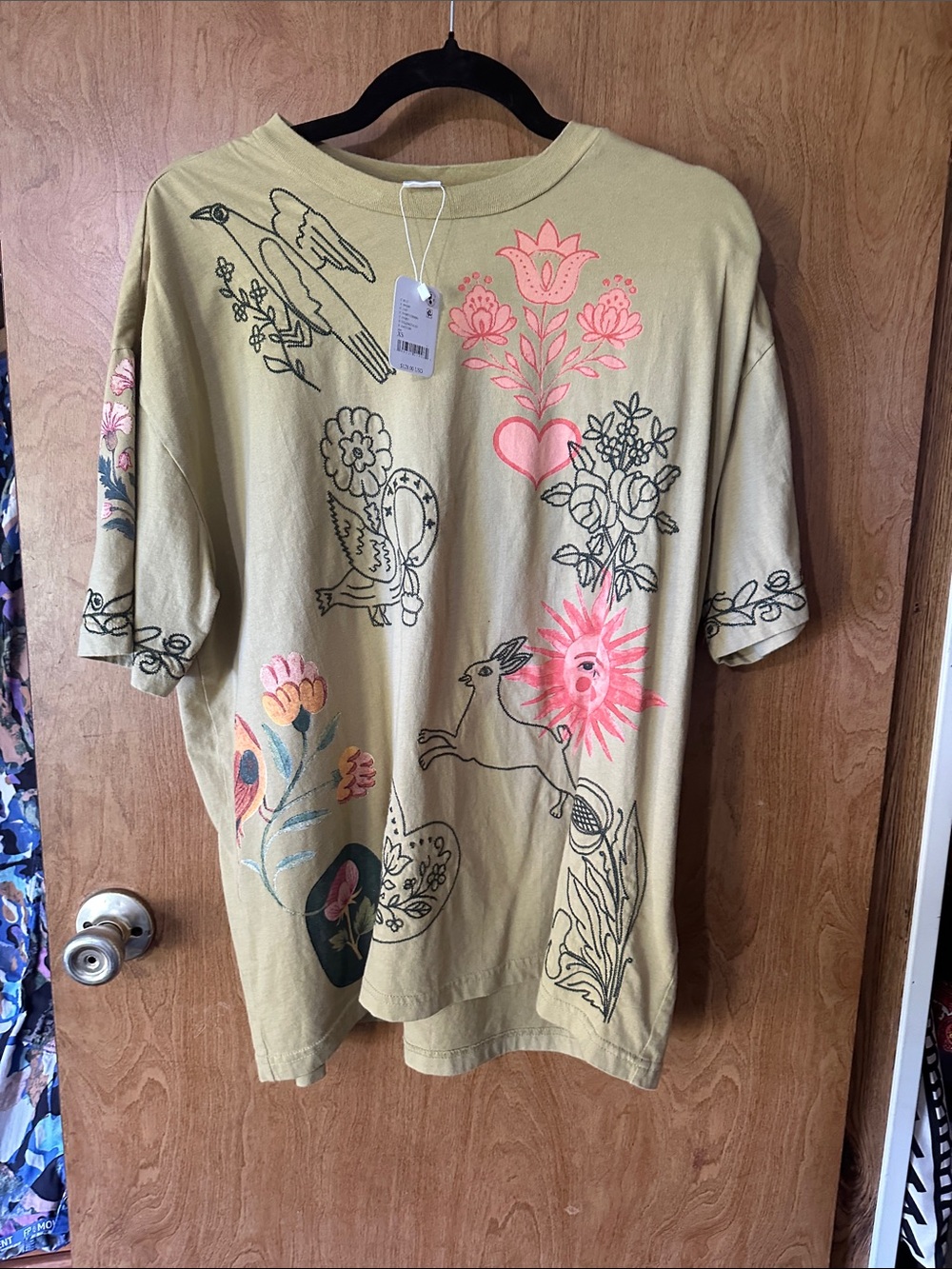 Free People Olive Short Sleeve Tee with Pink & Green Floral Graphics